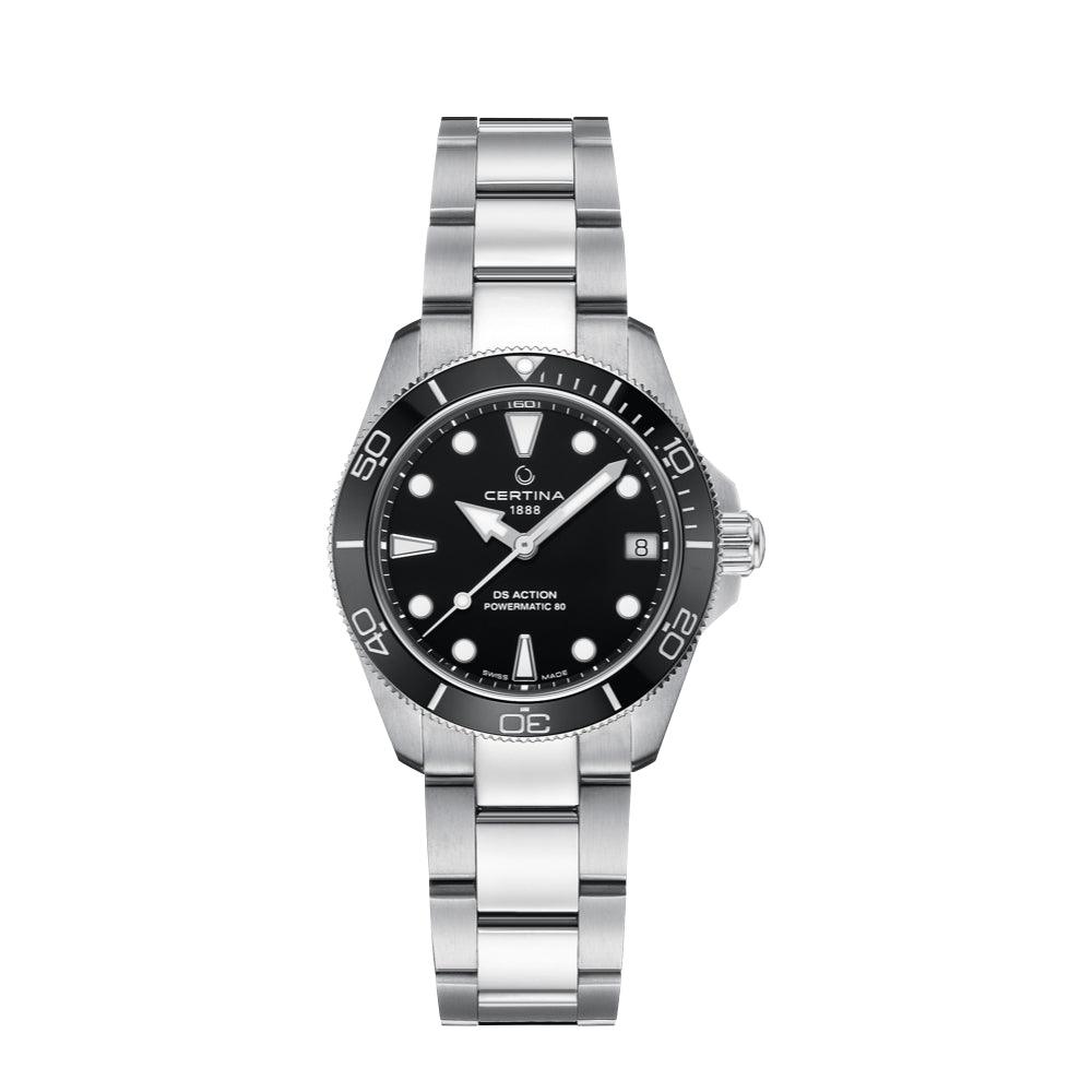 Certina DS Action 34.5mm Powermatic 80 black watch with steel chain, round dial and black details. Model C0320071105100