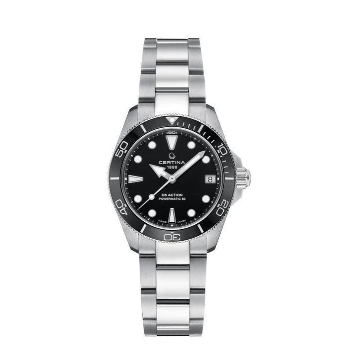 Certina DS Action 34.5mm Powermatic 80 black watch with steel chain, round dial and black details. Model C0320071105100