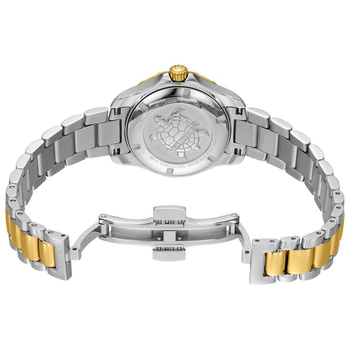 Certina DS Action Women's watch with two-tone steel and gold details, open link and visible caseback.