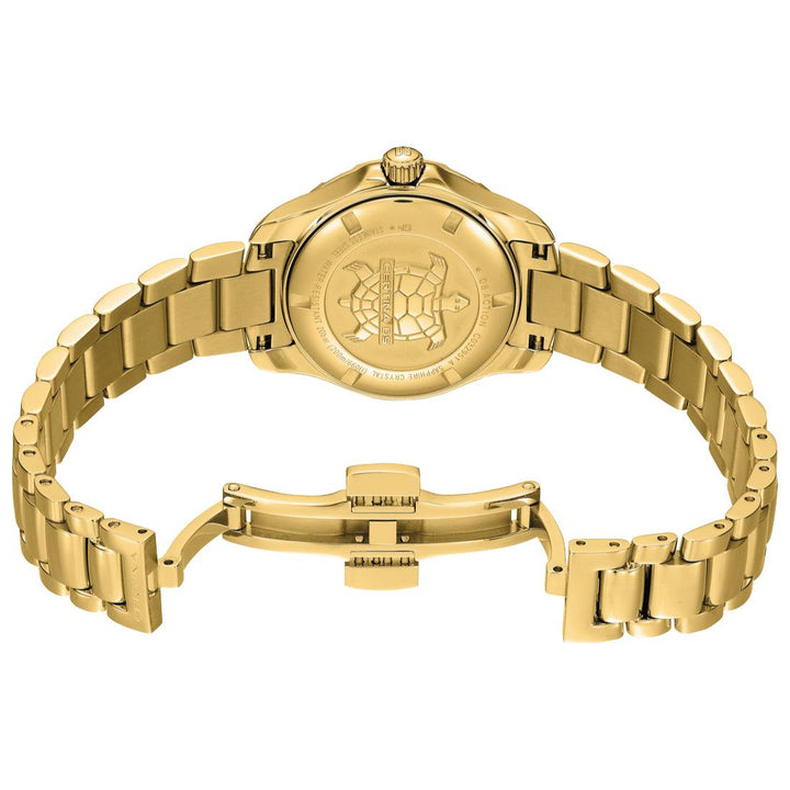 Certina DS Action Women's Watch shows the back of the golden watch with closed butterfly clasp, steel strap and turtle logo.
