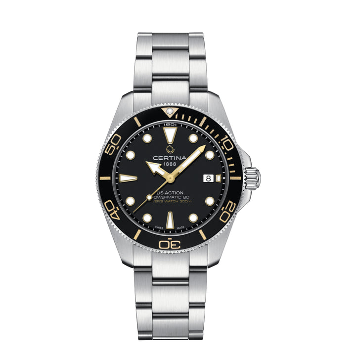 Certina DS Action Diver 40 mm Powermatic 80 with black dial, gold details and steel link. Model C0484071105101