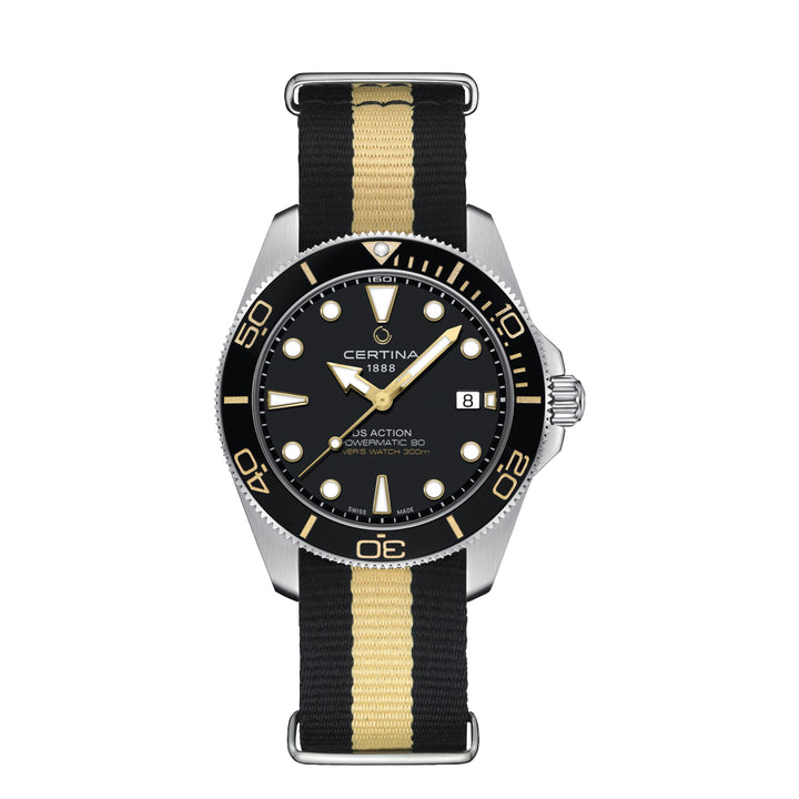 Certina DS Action Diver 40 mm Powermatic 80 nato strap, black dial with gold details and black-beige fabric strap. Model C0484071805101