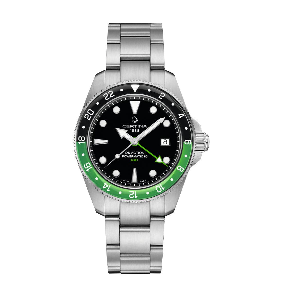 Certina DS Action GMT Powermatic 80 with black dial, green bezel and steel chain. Model C0329291105100.