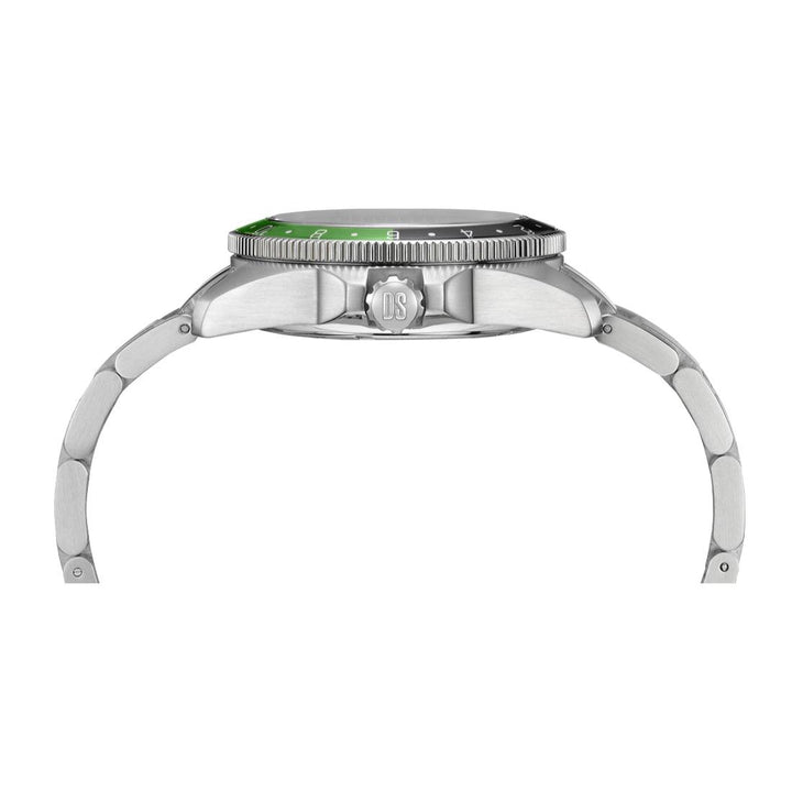 Certina DS Action GMT Powermatic 80 shown from the side with steel watch and black dial, Model C0329291105100.