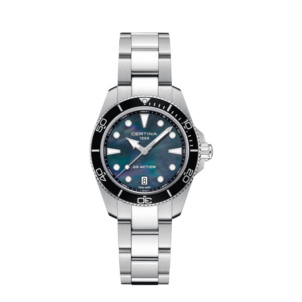 Certina DS Action Mother-of-pearl dial 34.5mm quartz shows a silver-colored wristwatch with black bezel and blue mother-of-pearl dial. Model C0482101112100.