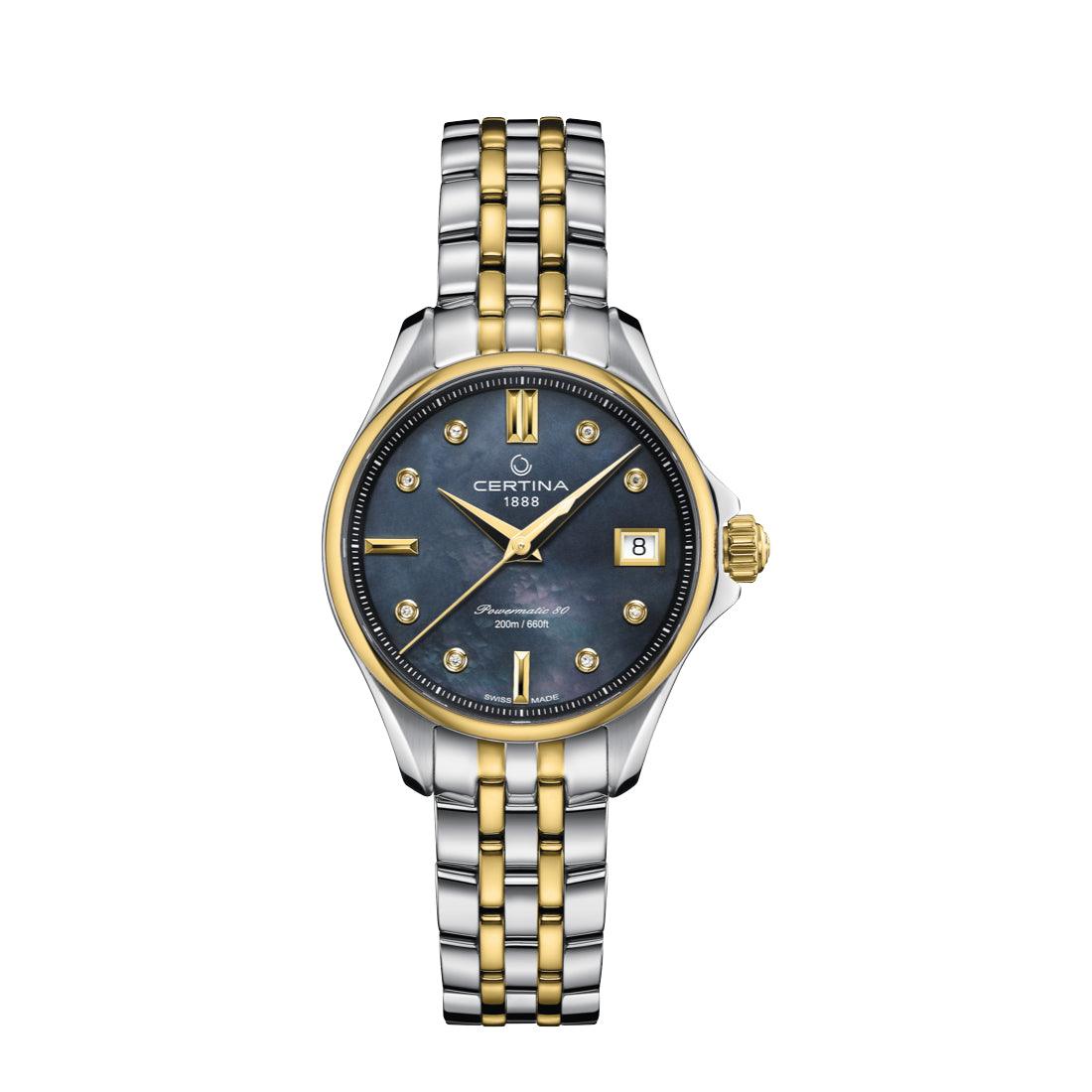 Certina DS Action Powermatic 80 women's watch with black mother-of-pearl dial and two-tone steel chain. Model C0322072212600