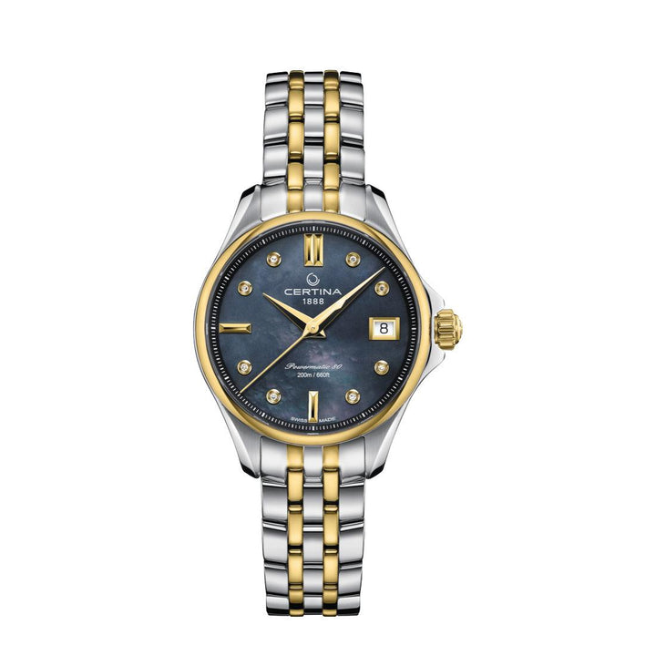 Certina DS Action Powermatic 80 women's watch with black mother-of-pearl dial and two-tone steel chain. Model C0322072212600
