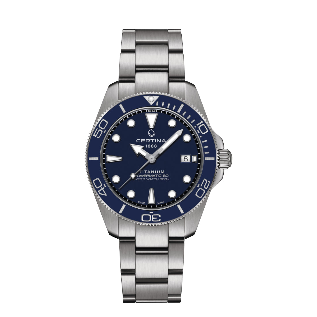 Certina DS Action Titanium Powermatic 80 watch with blue dial and silver titanium strap, Model C0484074404100.