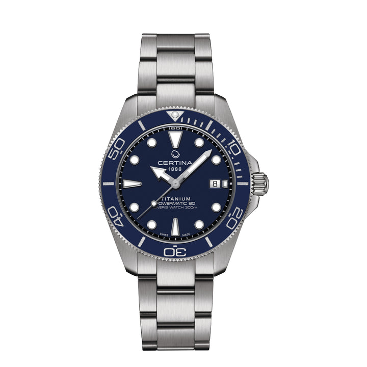Certina DS Action Titanium Powermatic 80 watch with blue dial and silver titanium strap, Model C0484074404100.