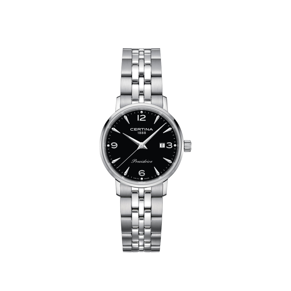 Certina DS Caimano Women's watch black dial with silver colored stainless steel chain. Model C0352101105700