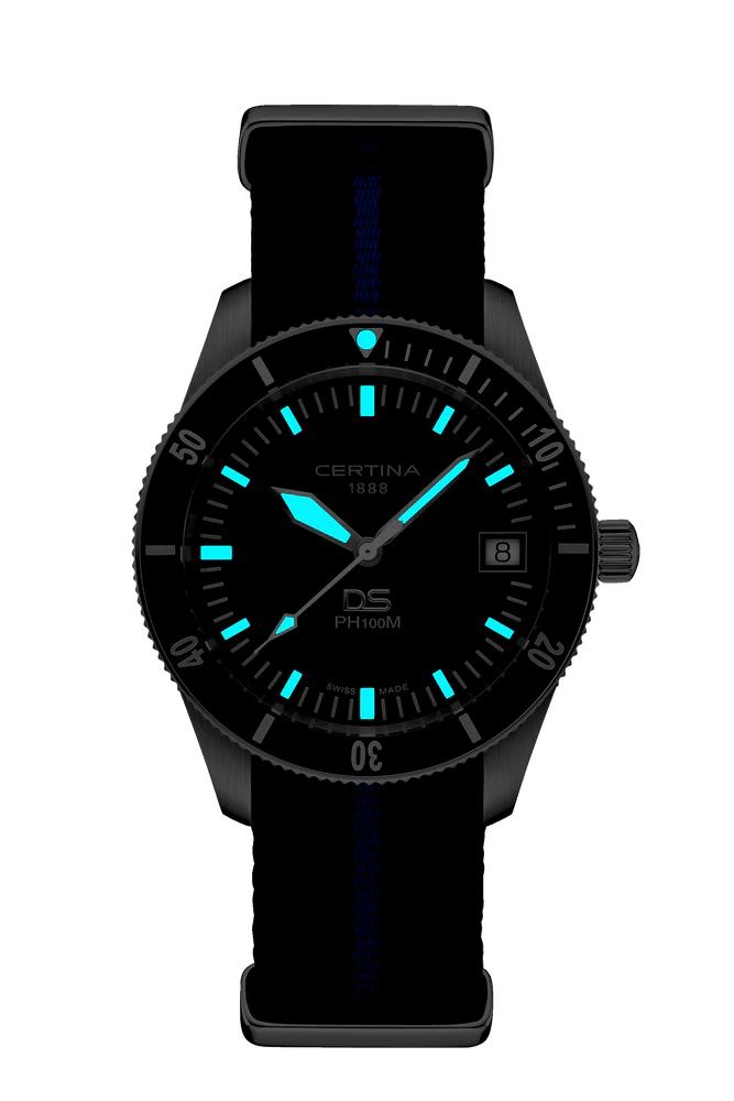 Certina DS PH100M Gent with black dial, blue details and date, black strap. Model C0444101804000