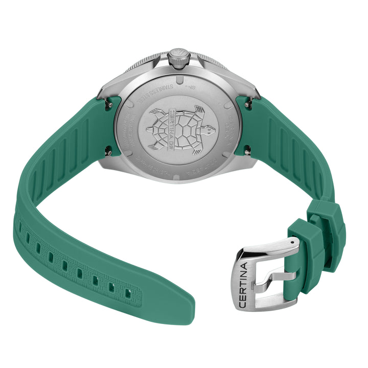 Certina DS X GMT 41mm with green rubber strap, back case with turtle motif, Model C0474521708100
