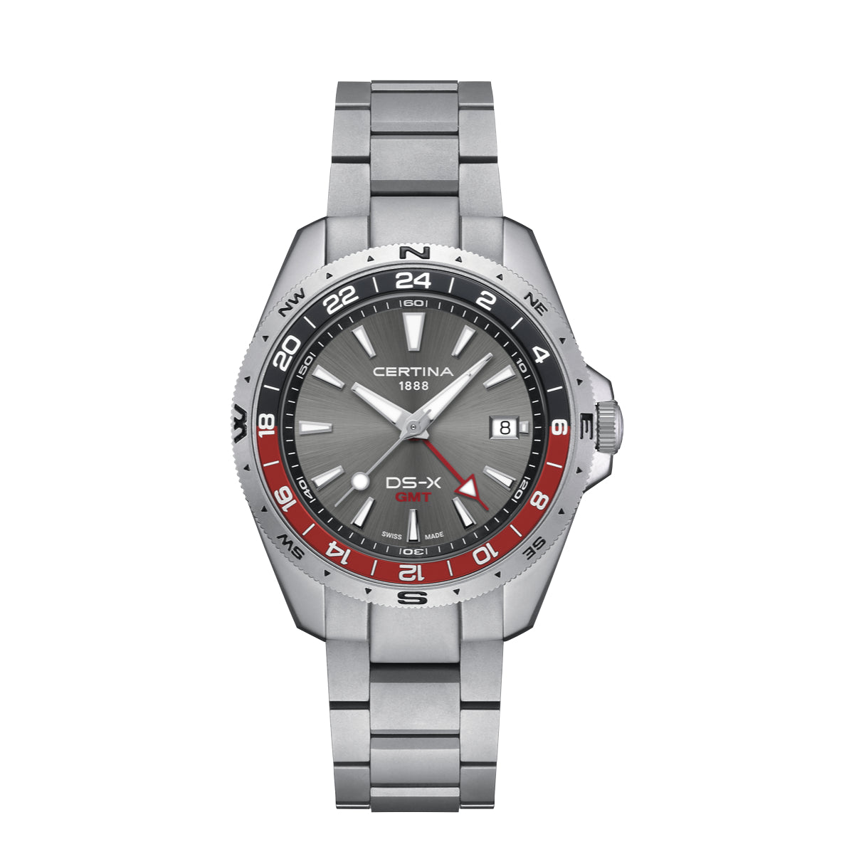 Certina DS-X GMT gray dial 41mm shows dial in gray with red and black bezel and steel chain. Model C0474521108101.