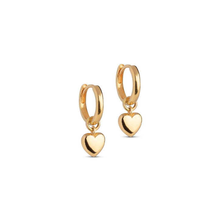 Enamel Amore Gilded Hoops showcases elegant gold-colored hoops with smooth, dangling heart pendants. Model E376G-E376G-1.