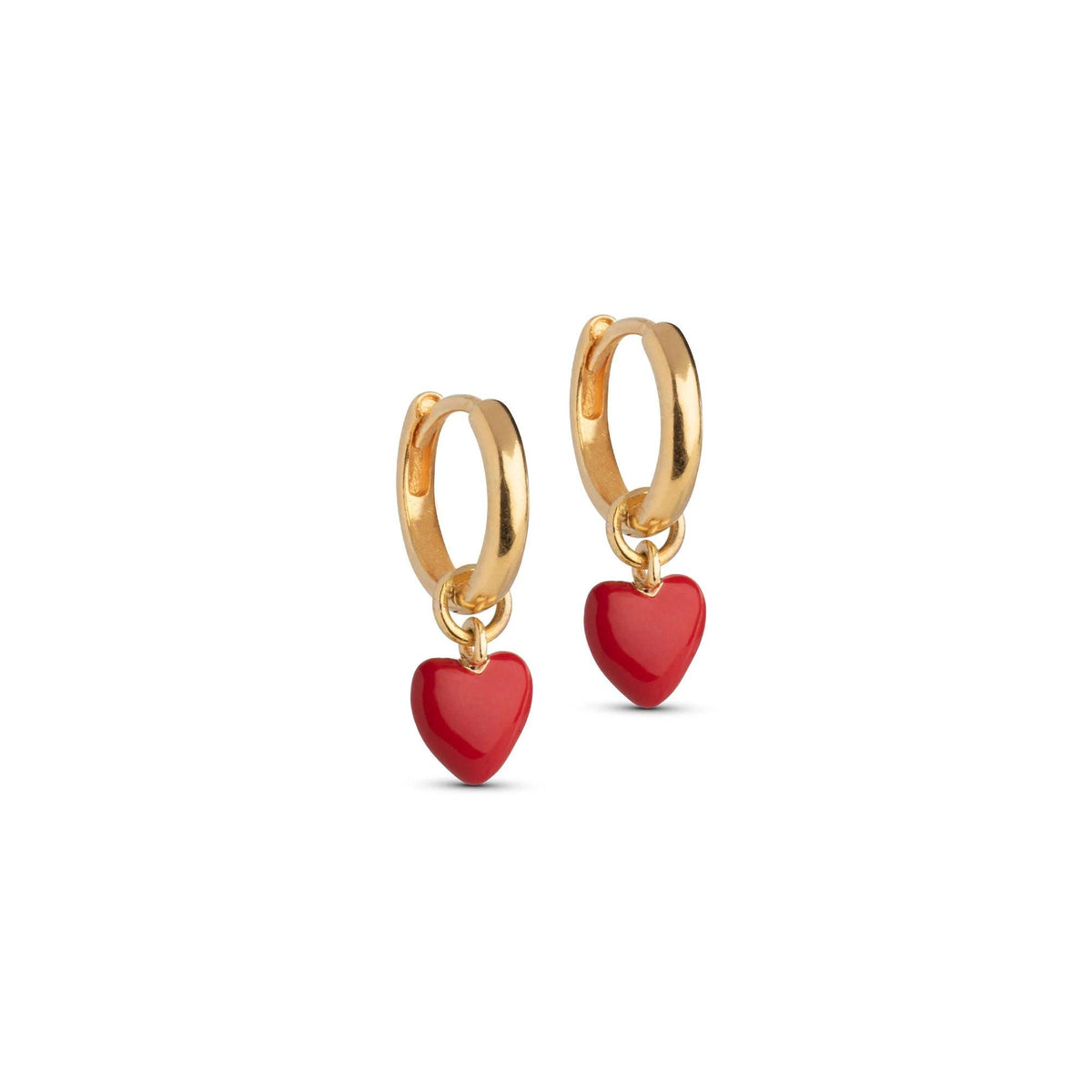 Enamel Amore Hoops Red Heart shows gold colored earrings with red enamel heart pendants. Model e376g-red-1.