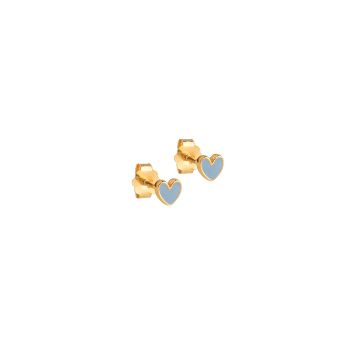 enamel amore studs steel blue shows a pair of gold colored studs with heart shaped steel blue enamel, Model e415g-steelblue-1