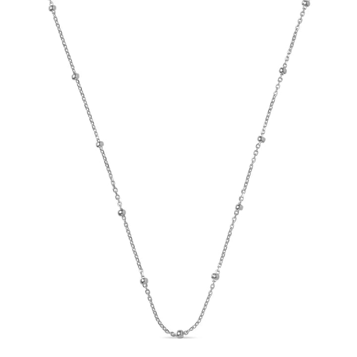 Enamel Beaded Chain Necklace in silver shown on white background, minimalist design with small silver beads. Model n141s-1