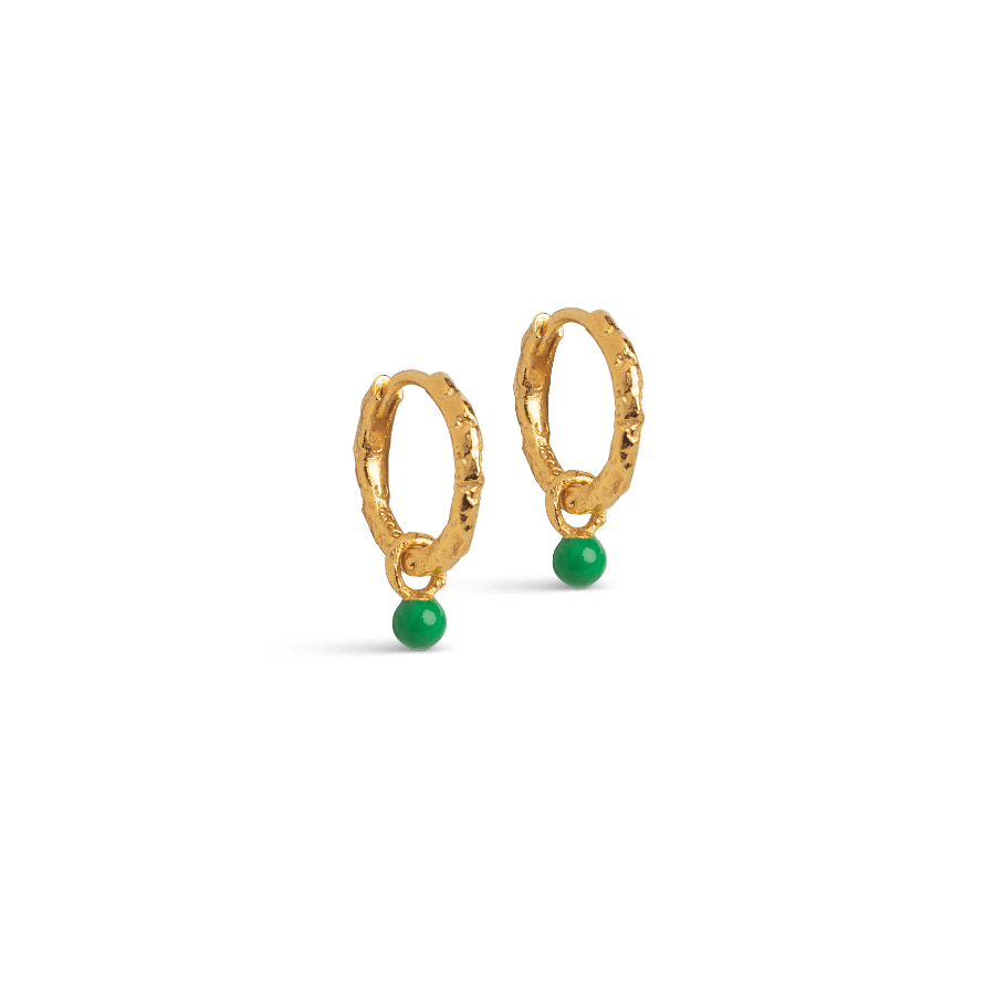 Enamel Belle Hoops Grass Green shows a pair of gold colored hoops with green detail. Model e245gm-grassgreen-e245gm-grassgreen-1
