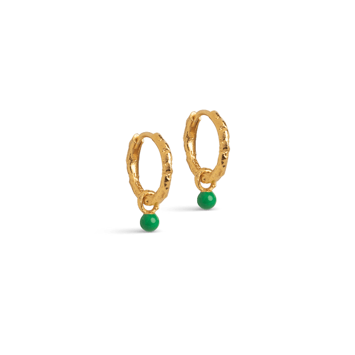 Enamel Belle Hoops Grass Green shows a pair of gold colored hoops with green detail. Model e245gm-grassgreen-e245gm-grassgreen-1