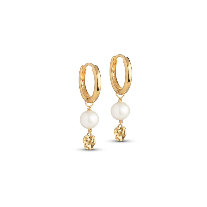 Enamel Cara Gilded Hoops with white pearls and small golden pendants, exclusive design. Model E372GM-E372G-1.