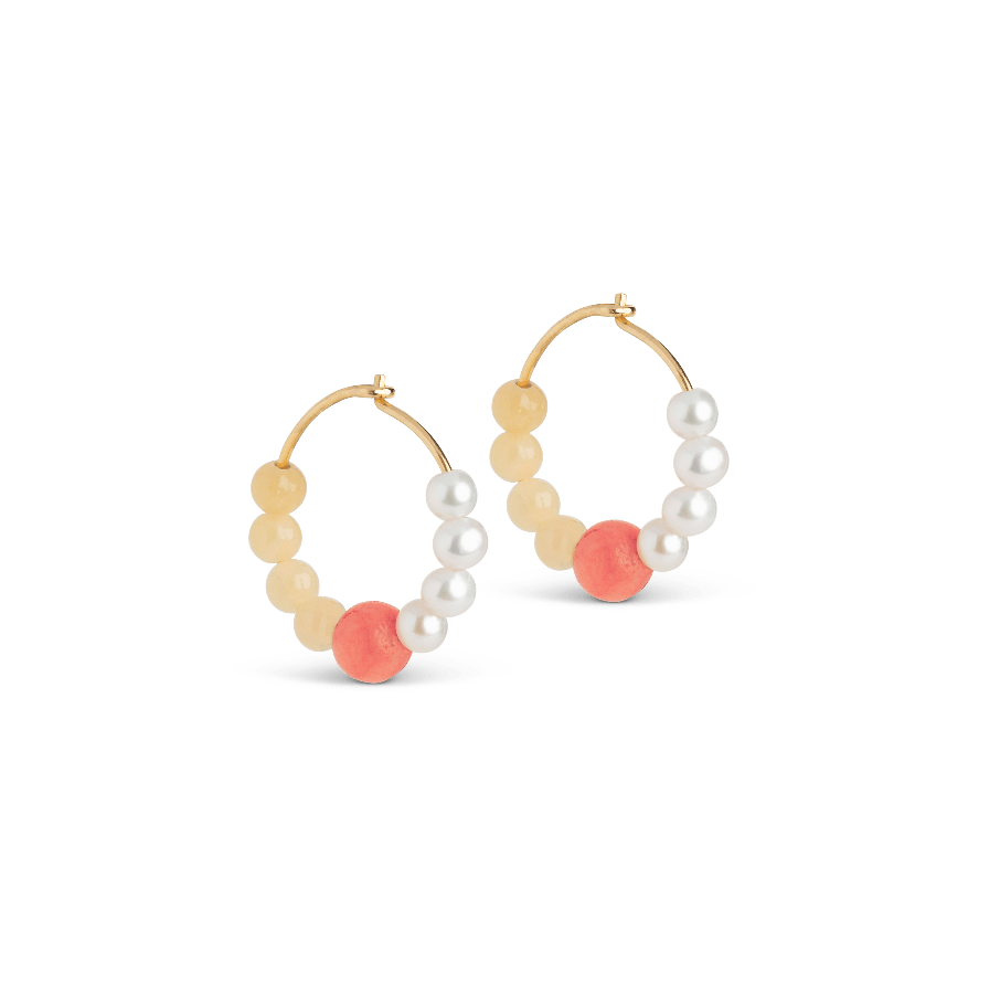 enamel-kalea hoops in gold-plated silver, earrings with orange, white and yellow pearls, Model E367G-E367G-ORANGE-1