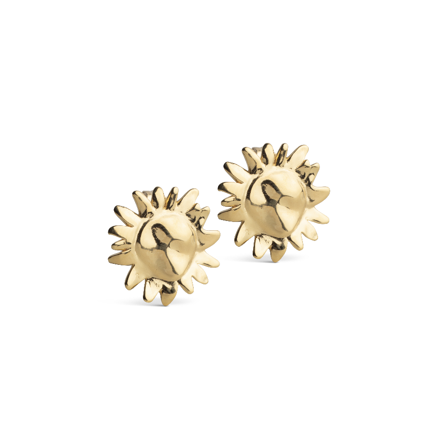 enamel large sunshine stud, a pair of gold-plated studs with a sun-shaped design on a white background. Model e421g-1