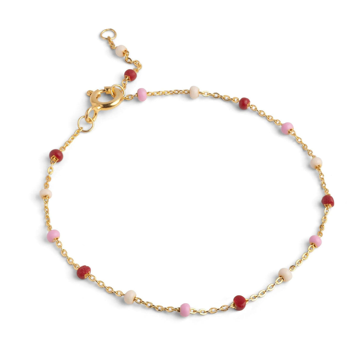 enamel lola rosie bracelet b66g rosie with gold chain and small pearls in shades of pink and red on a white background. Model b66g-rosie-1