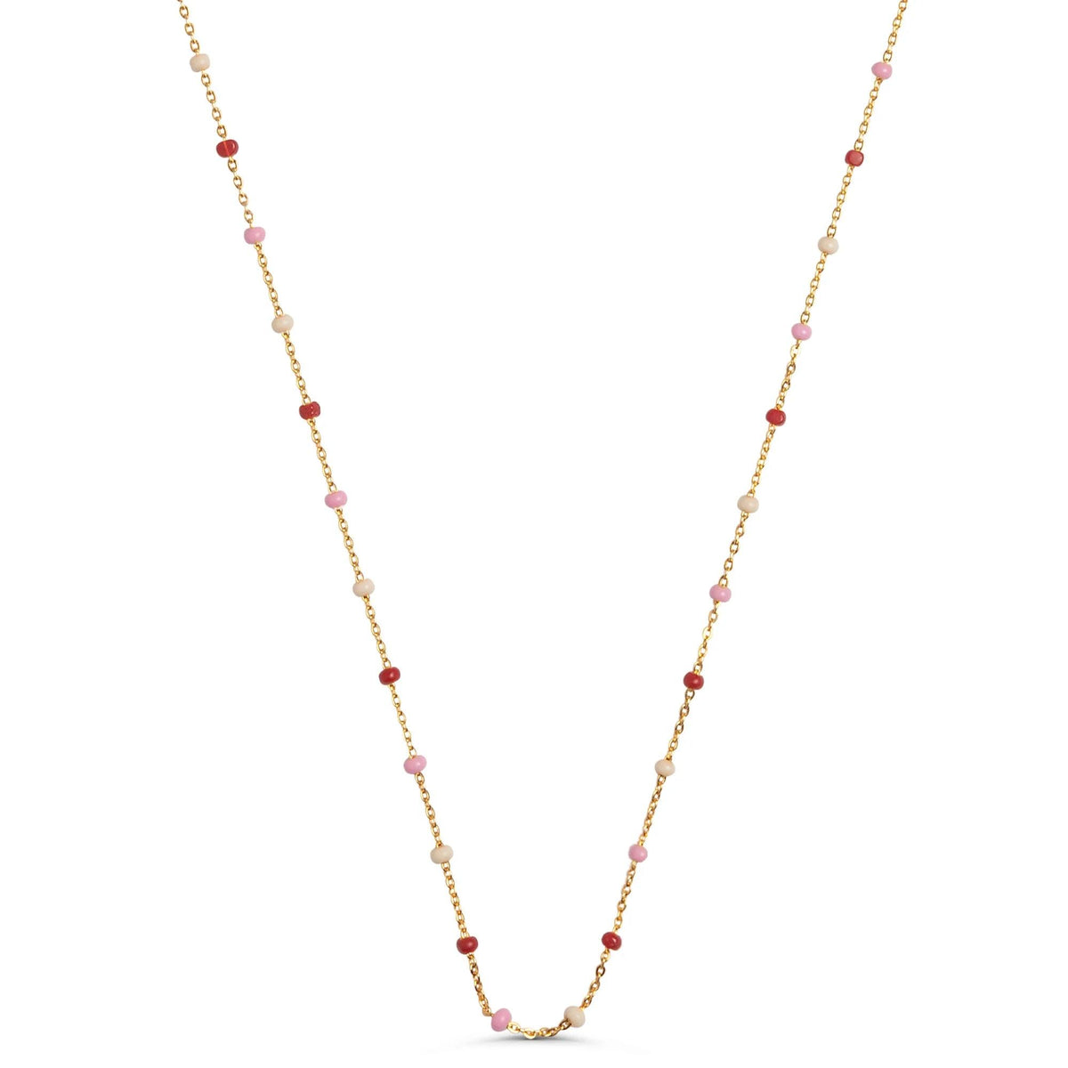 enamel lola rosie necklace shows a fine gold chain with small pearls in pink, red and beige, Model N55G-ROSIE