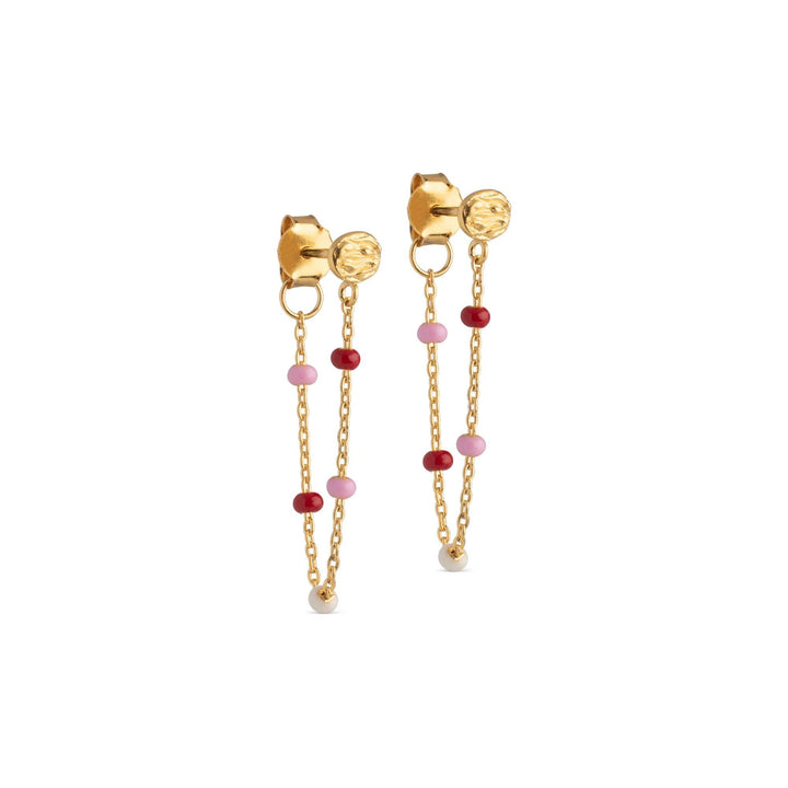Enamel Lola Rosie Earrings with gold chain and small pink and red pearls, Model E140GM-ROSIE.