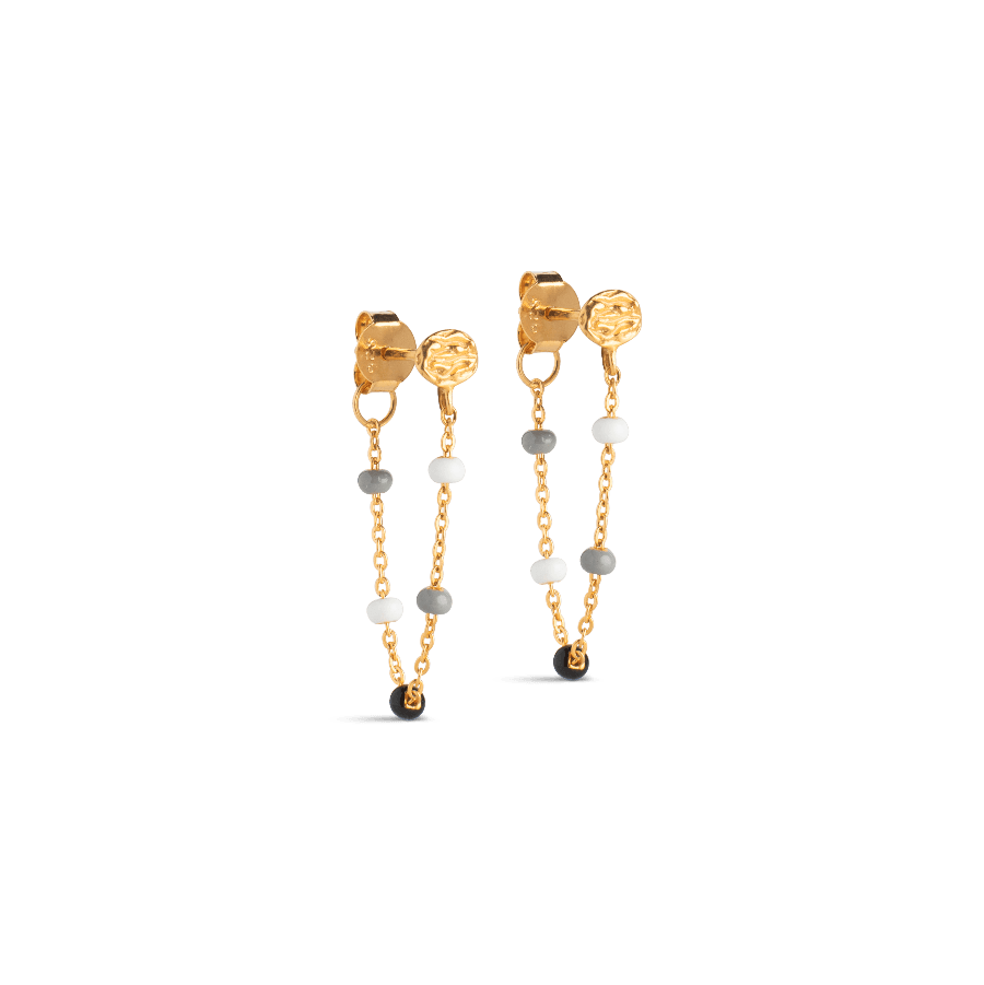 Enamel Lola Salt n Pepper Earrings e140gm salt and pepper with gold plated chain and small white and gray pearls. Model e140gm-salt pepper-1