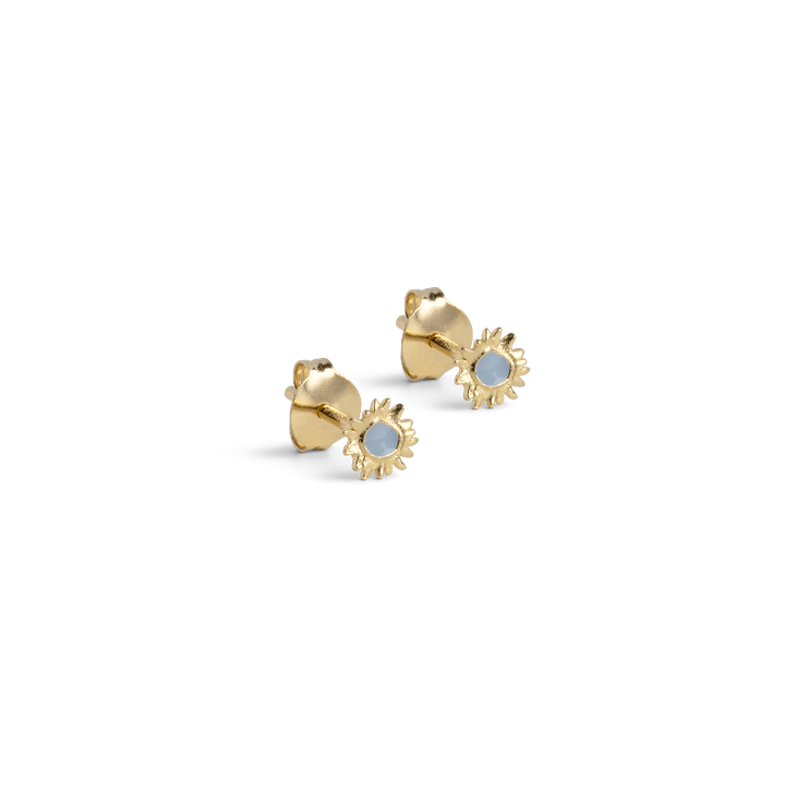 Enamel Mini Sunshine Stud Steel Blue shows a set of small gold colored studs with blue enamel. Model e419g-steelblue-1.