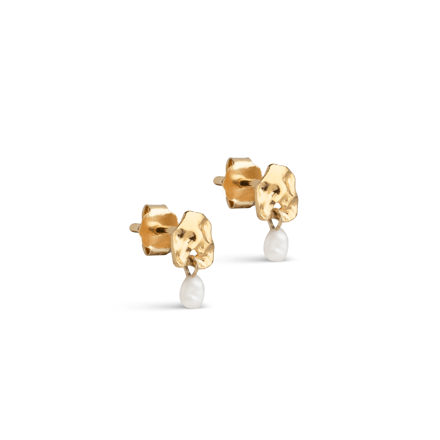Enamel Mio Pearl Earrings, small gold-plated earrings with pearl pendants, elegant detail. Model E333GM-E333GM-1