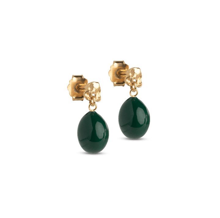 enamel-poe-studs-gold-plated-e385gm-petrol green with glossy petrol green drop and gold-plated ear studs. Model e385gm-petrolgreen-1