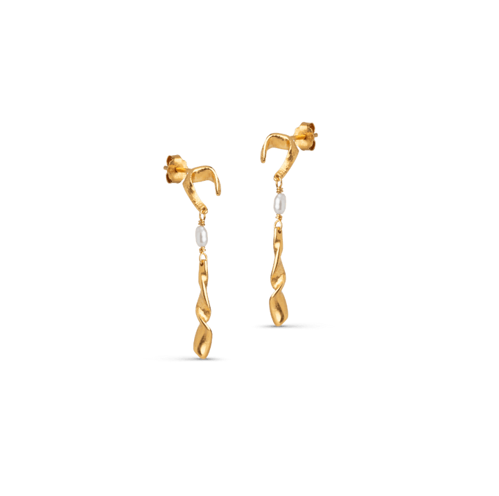 enamel sienna pearls stud earrings, elegant golden twist design earrings with white pearls, Model e357gm-e357gm-1