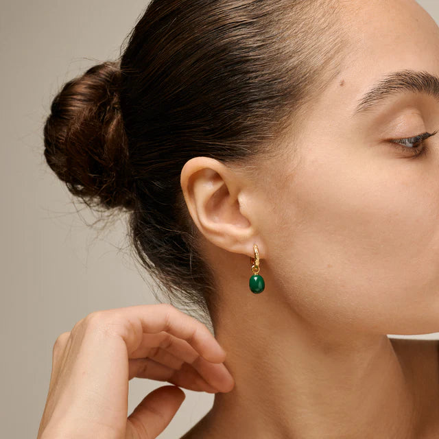Enamel Significant Hoops Petrol Green shown on model, gold-plated earring with green detail. Model e429g-petrol green