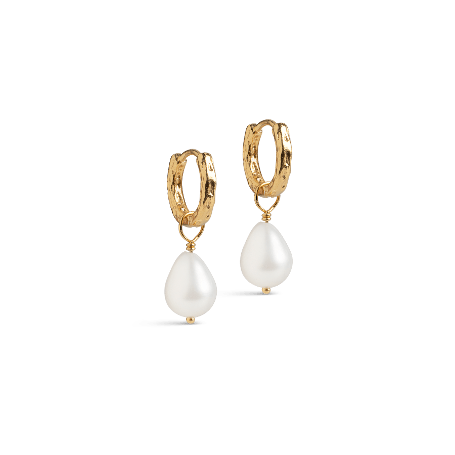 Enamel Significant Pearl Hoop, elegant earrings with golden hoops and drop-shaped pearls, model E324GM