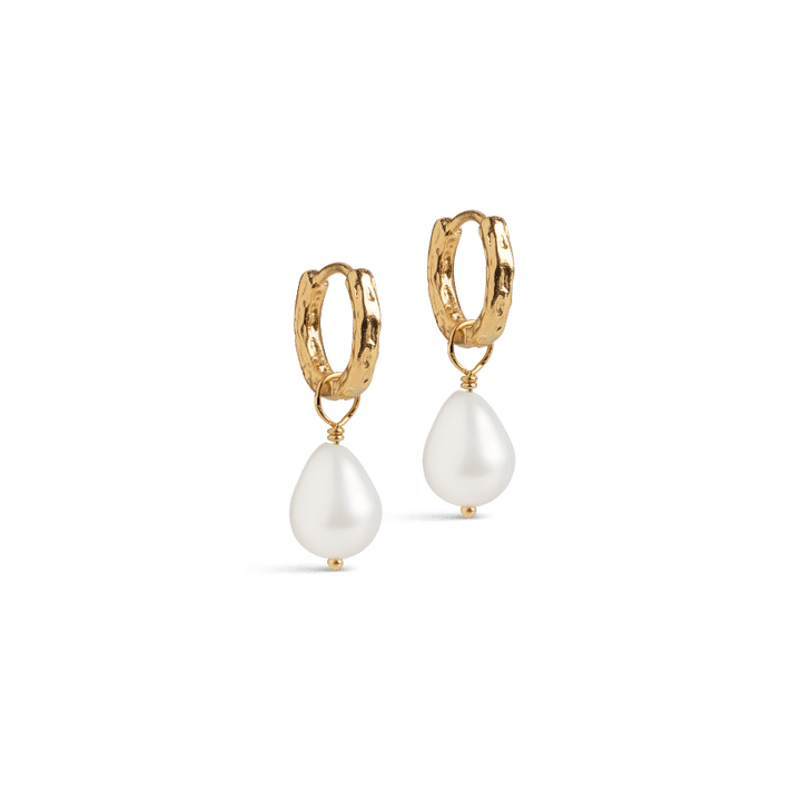 Enamel Significant Pearl Hoop, elegant earrings with golden hoops and drop-shaped pearls, model E324GM