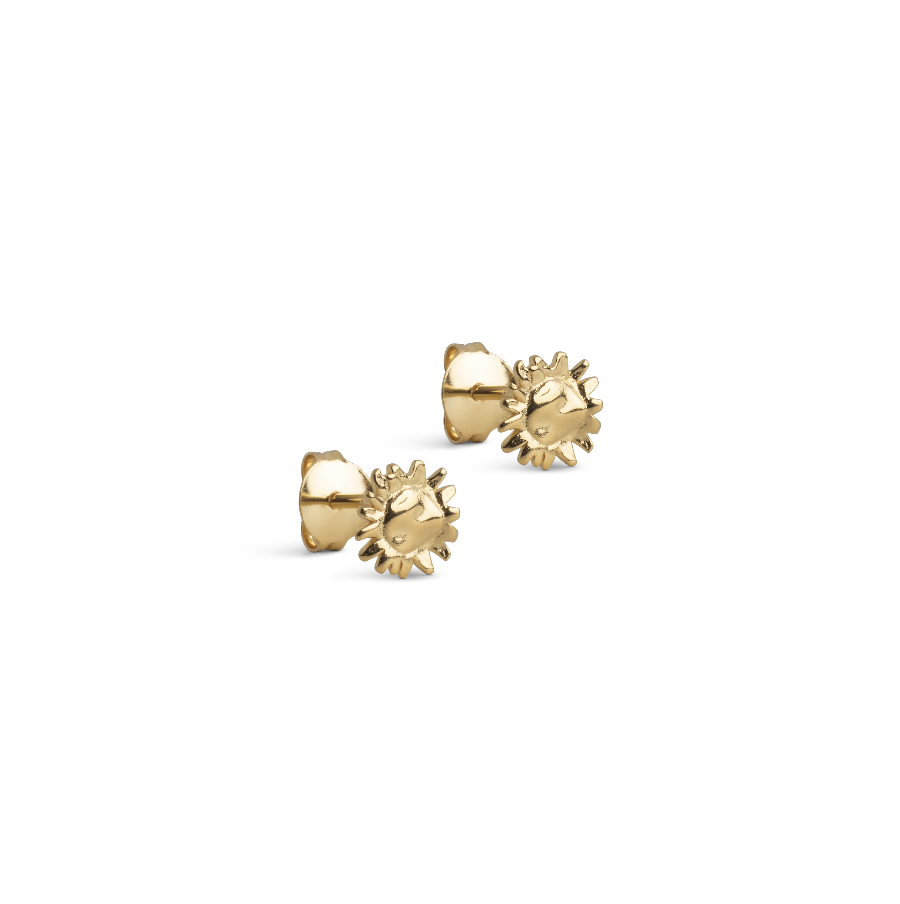 Enamel Small Sunshine Earrings, gold colored earrings with sun-shaped design seen from the front. Model e420g-1