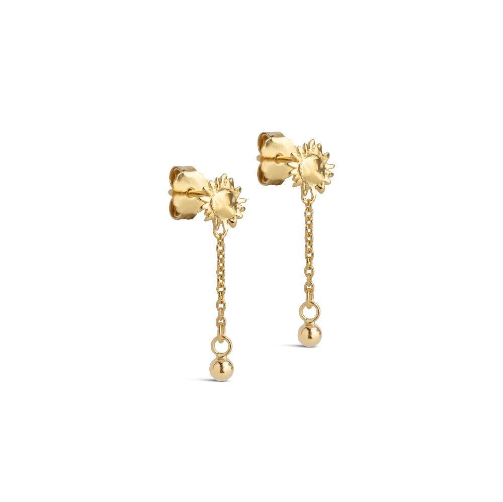Enamel Sunshine Drop Earrings in gold-plated, fine ear studs shaped like suns with hanging chain and ball. Model E423G-1