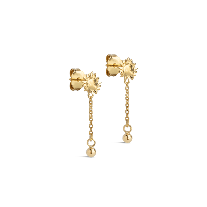 Enamel Sunshine Drop Earrings in gold-plated, fine ear studs shaped like suns with hanging chain and ball. Model E423G-1