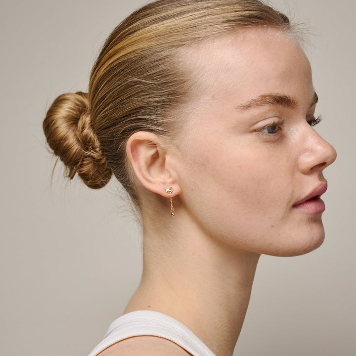 enamel sunshine drop earrings in gold-plated worn by woman with updo hair, elegant sun motif, Model E423G-2