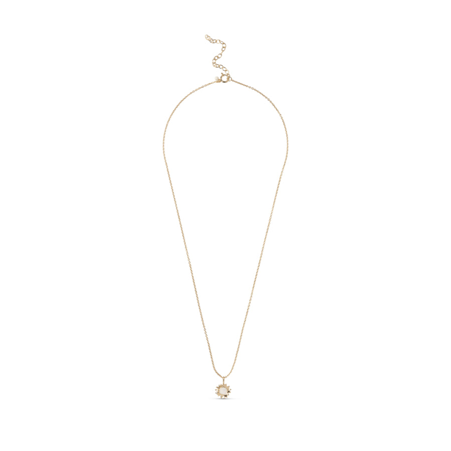 enamel sunshine necklace daisy n136g shows a fine, golden necklace with a sun-shaped pendant on a white background. Model n136g-daisy-1