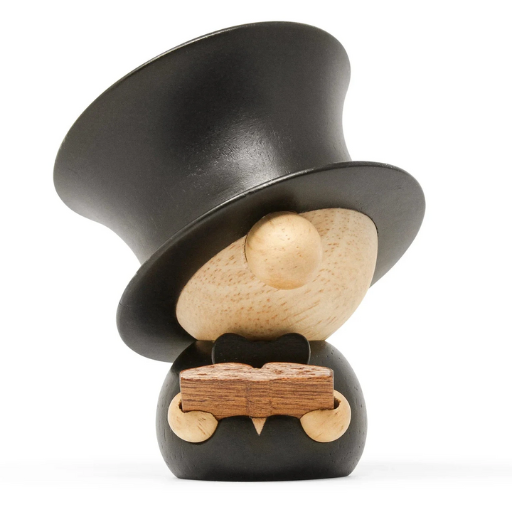 Fablewood HC Andersen Figure of light and dark wood seen from the front with tall black hat. Model 8001-2.