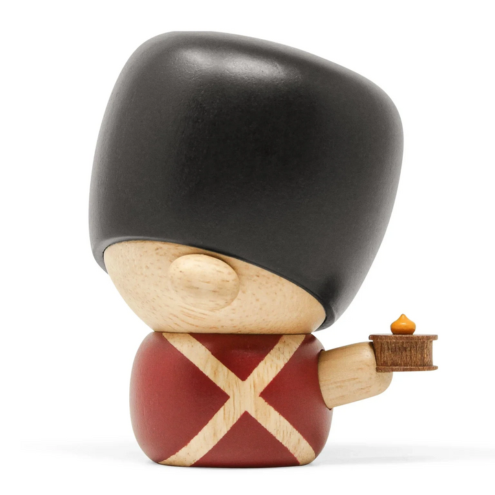 Fablewood HC Andersen's Firesuit wooden figure in red uniform, black hat and small detail in hand, Model 8005-2.