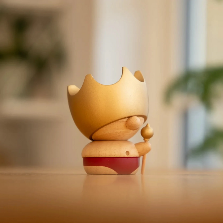 FableWood HC Andersen's The Emperor's New Clothes wooden figure with crown and red detail, Model 8004-2.