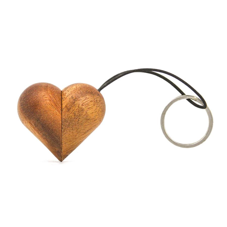 FableWood Heart Key ring in light wood with black leather cord and metal ring, Model 1202-1.