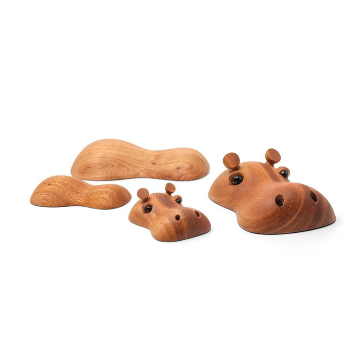 FableWood Hubert The Little Hippo in wood, cozy figure in brown, shown in separate parts. Model 1301-2