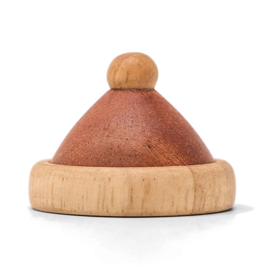 Fablewood Santa hat in natural wood with red and light brim, model 7002-1, seen from the front on a white background.