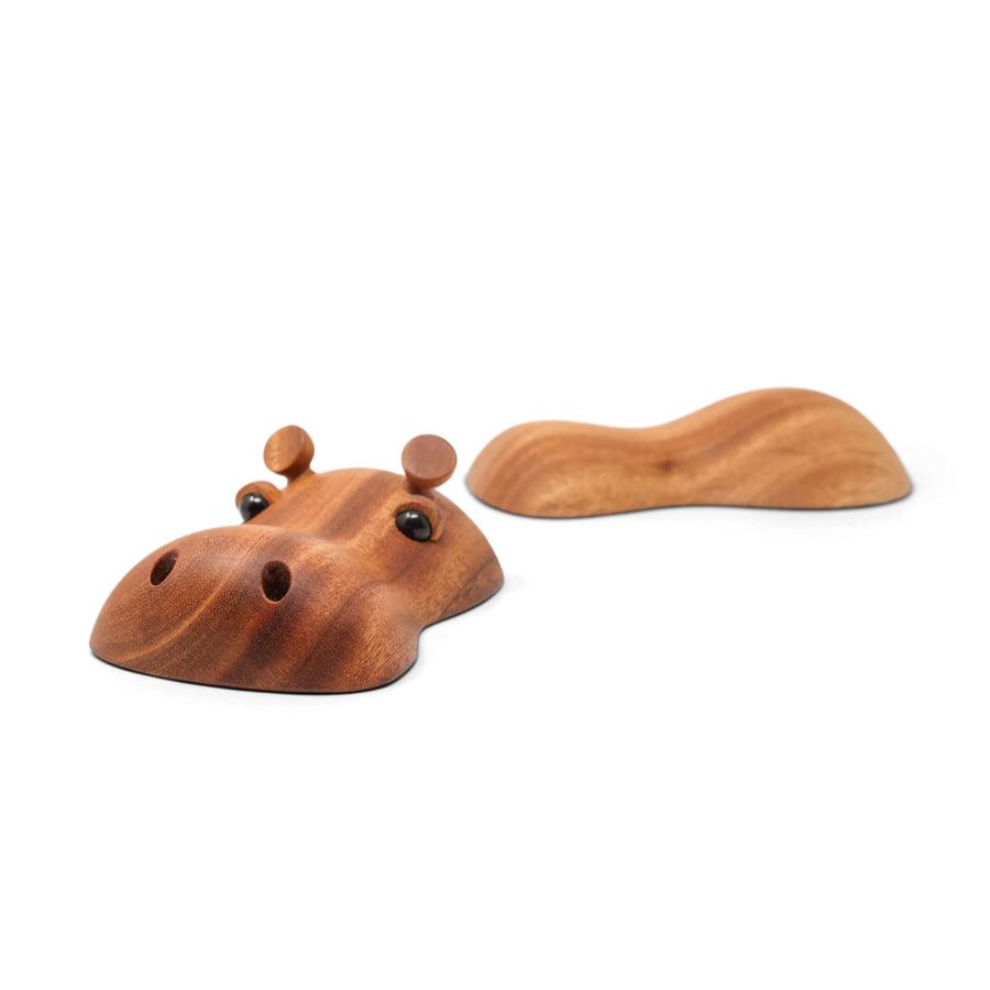 Fablewood Rosa the Hippo in wood, two split figures on a white background. Model 1300-1