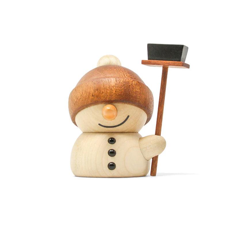 Fablewood Snowman Flurry in light wood with brown hat and broom, simple decorative figure. Model 1405-1